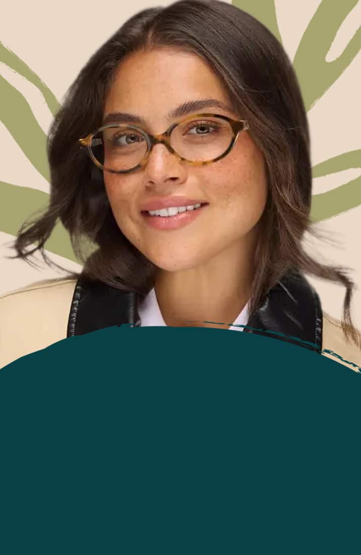 Smiling woman wearing tortoiseshell oval eyeglasses featured in a circular frame on a dark teal background with leaf art.