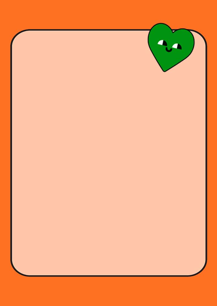 Quote card on orange background with green heart.