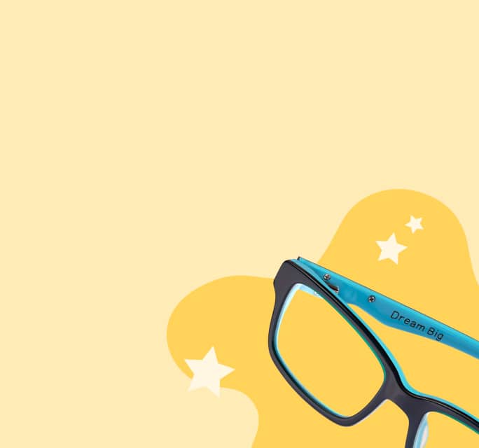 Details of thick black rectangular eyeglasses featuring a vibrant turquoise blue inner lining with the inscription Dream Big on the inside temple arm, set against a soft yellow graphic backdrop with small white stars.