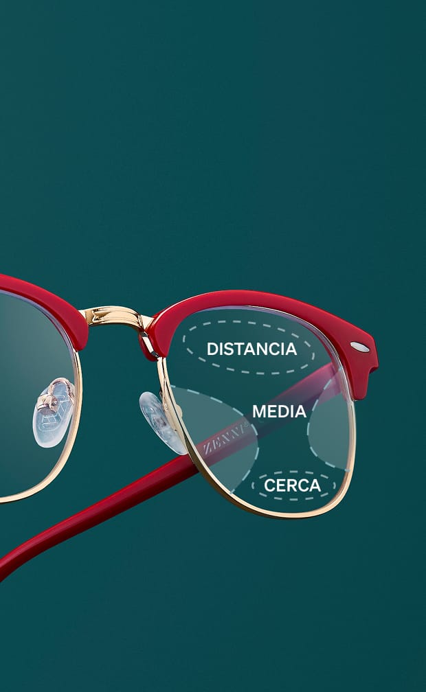 Zenni red eyeglasses with progressive lens zones labeled for near, mid, and far vision.