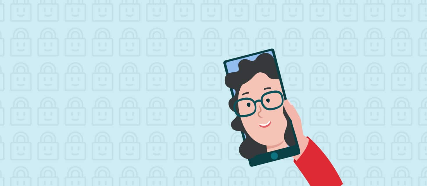 Illustration of a woman holding a smartphone with glasses on, using virtual try-on, on a blue background with subtle lock icons.