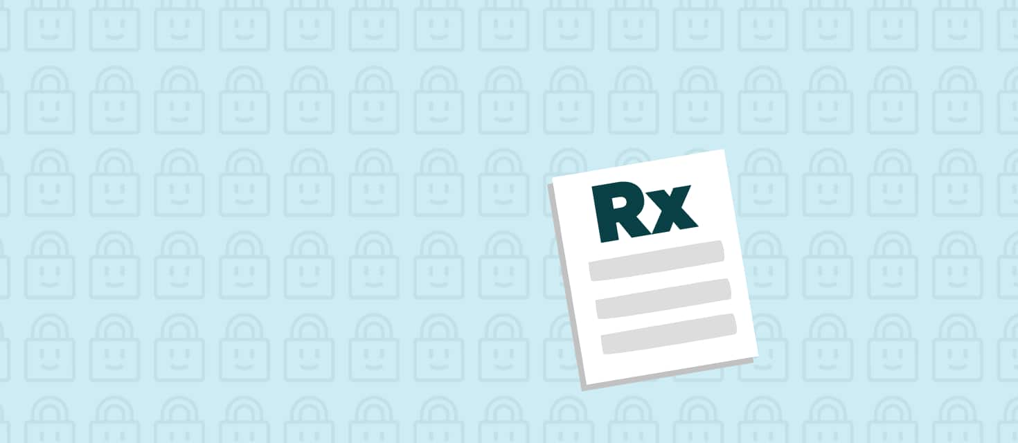 Illustration of a prescription form with a checklist of lens types on a blue background with subtle lock icons.
