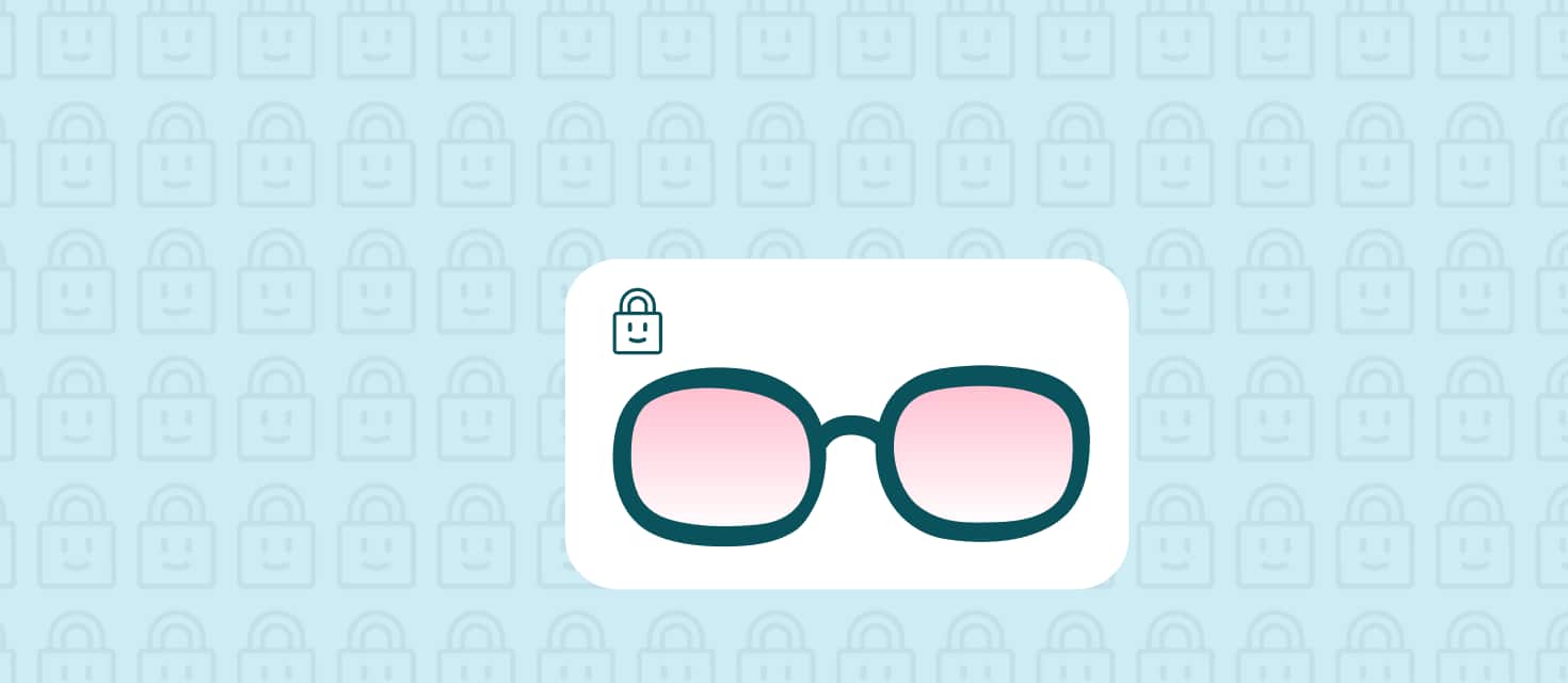 Illustration of pink-sheen glasses with a lock icon above, indicating lens for privacy protection.