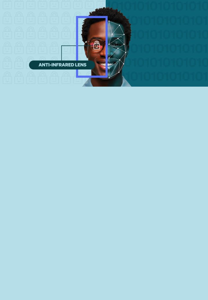 Split image showing facial tracking on one side and Zenni ID Guard anti-infrared lens blocking detection on the other.
