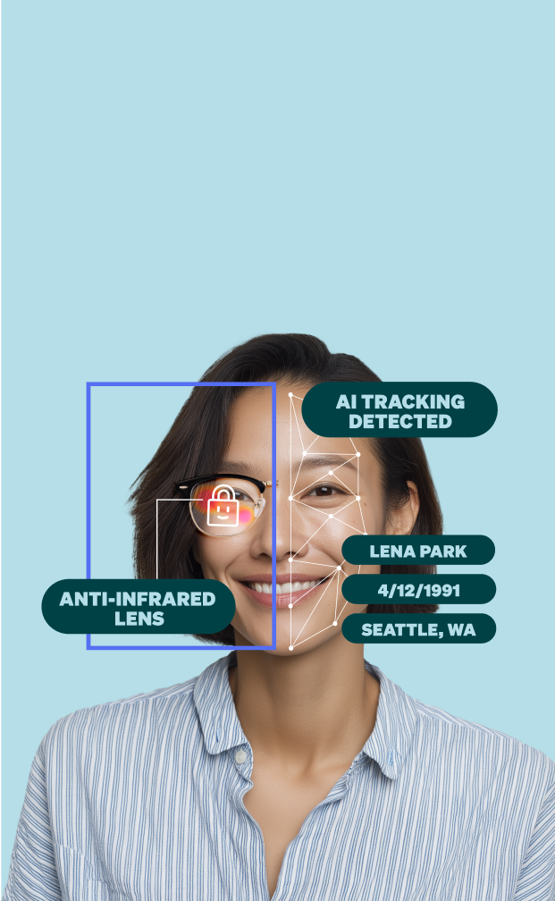 Woman with facial tracking on one side of face and Zenni ID Guard anti-infrared lens blocking detection on the other.