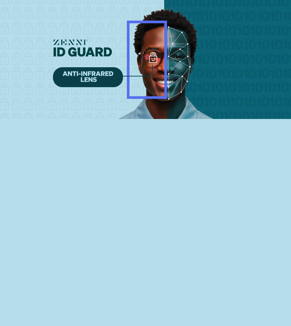 Split image showing facial tracking on one side and Zenni ID Guard anti-infrared lens blocking detection on the other.