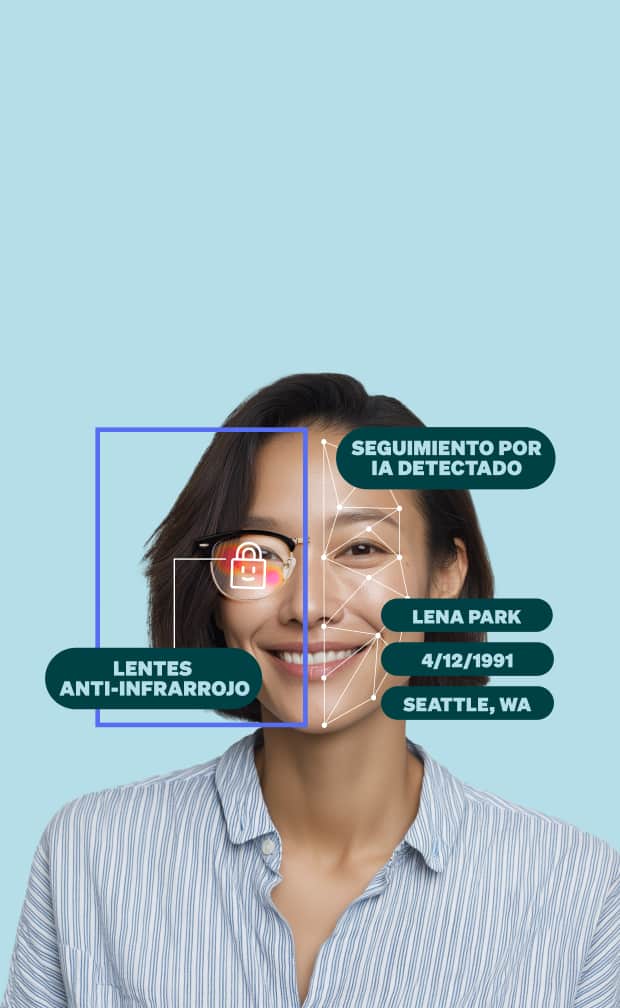 Mujer con rastreo facial en un lado del rostro y cristal antiinfrarrojo Zenni ID Guard™ bloqueando la detección en el otro.