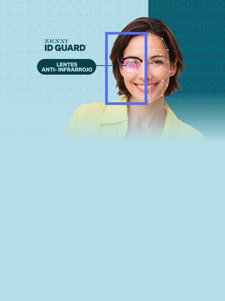 Imagen dividida que muestra el rastreo facial en un lado y el lente antiinfrarrojo Zenni ID Guard™ bloqueando la detección en el otro.