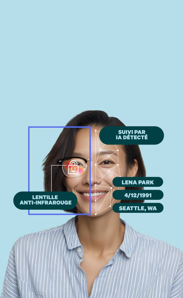 Femme avec suivi facial d’un côté du visage et lentille antiinfrarouge Zenni ID Guard bloquant la détection de l’autre.