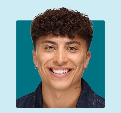 Model framed by a teal square shape on a light blue background.