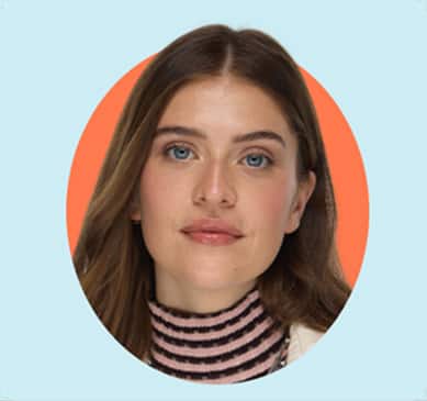 Model framed by an orange oval shape on a light blue background.