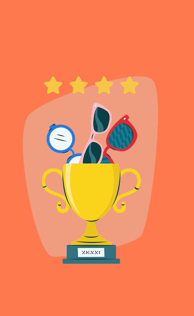 Illustrated trophy with stars and eyeglasses.
