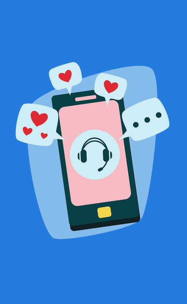 Smartphone with customer support heart icons.