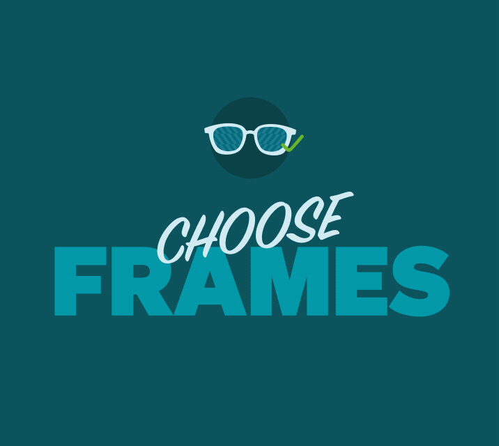 Choose Frames - glasses icon on a teal shopping-step card. Add Rx - Prescription card icon on a teal shopping-step card. Pick Lenses - lens icon on a teal shopping-step card. Check Out - shopping bag icon on a teal shopping-step card.