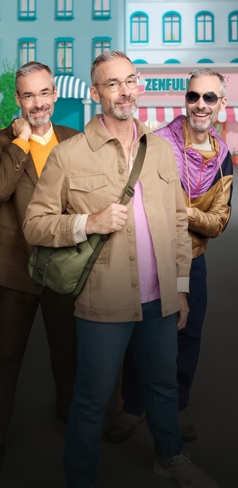 Three images of the same male model with salt and pepper hair wearing Zenni glasses against a colorful graphic background.
