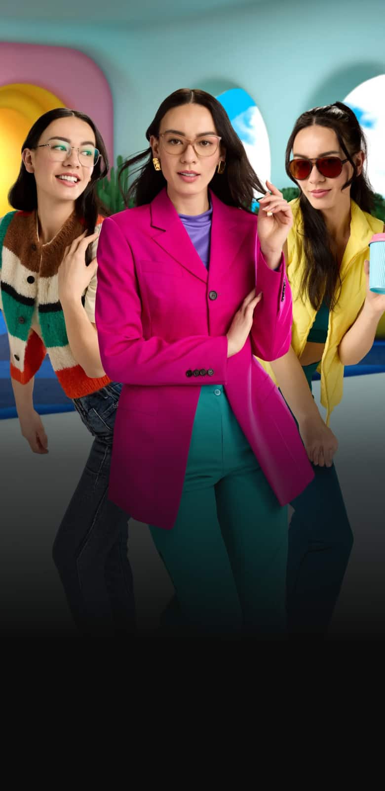 Three images of the same female model wearing Zenni glasses against a colorful graphic background.