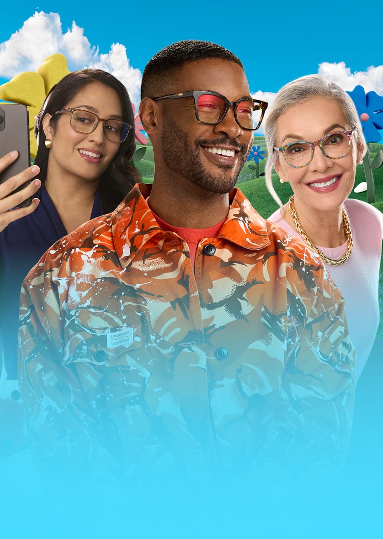 Three models wearing Zenni glasses against a blue sky and green landscape background.