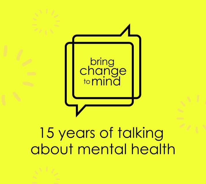 Bring Change to Mind logo with speech bubble icon on a yellow background, marking 15 years of mental health awareness.