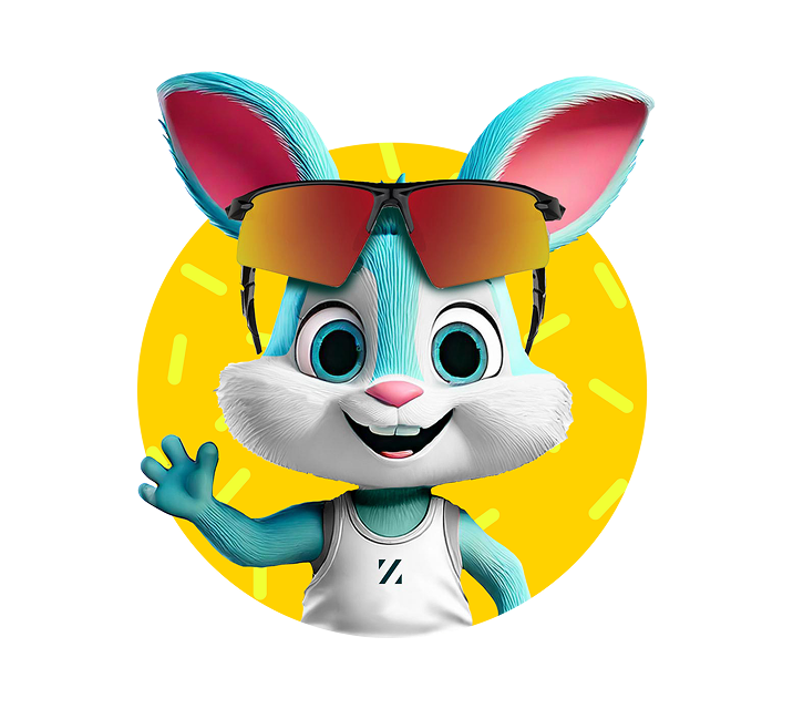 Ziggy the bunny waving and smiling in Zunnies sunglasses and tank top with yellow circle background.