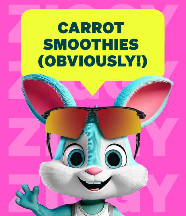 Ziggy wearing Zunnies sunglasses, smiling with a speech bubble that says ‘Carrot smoothies (obviously!)’ on a pink background.