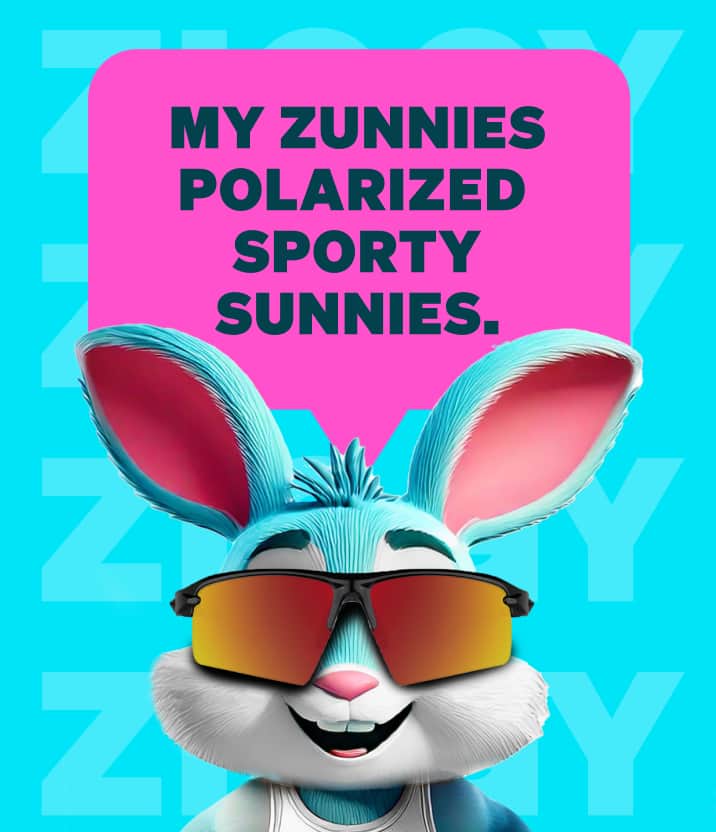Ziggy smiling in Zunnies sunglasses with a pink speech bubble that reads ‘My Zunnies polarized sporty sunnies’ on a blue background.