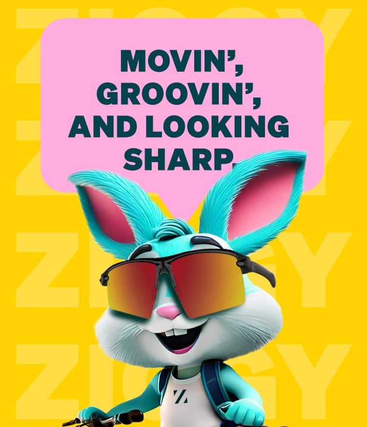 Ziggy riding a bike in Zunnies sunglasses and helmet with a pink speech bubble that says ‘Movin’, groovin’, and looking sharp’ on a yellow background.