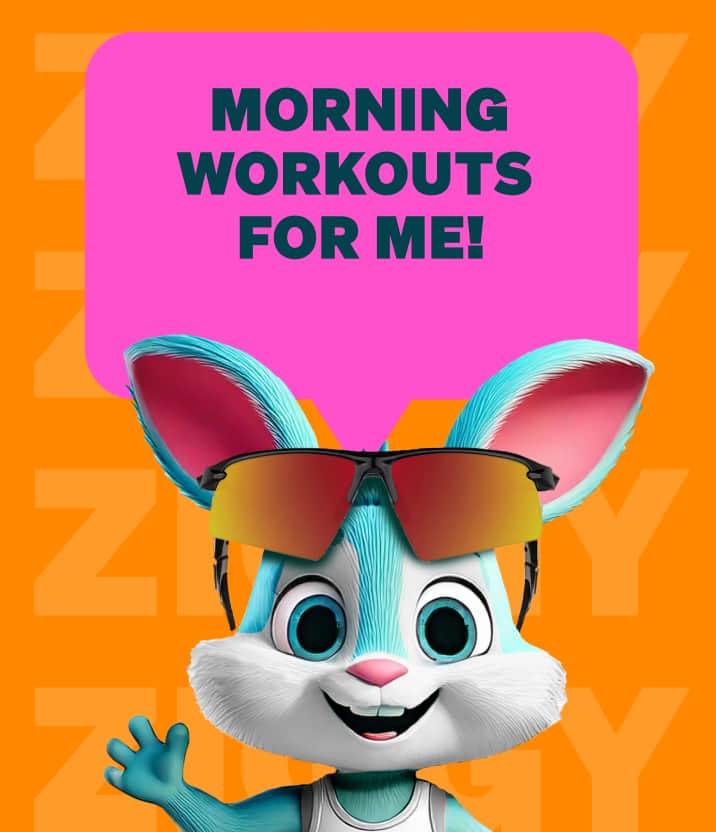 Ziggy smiling and waving in Zunnies sunglasses with a pink speech bubble that says ‘Morning workouts for me!’ on an orange background.