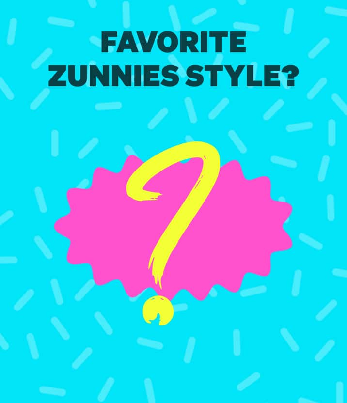Bright graphic with a large yellow question mark and text ‘Favorite Zunnies style?’ on a blue background.