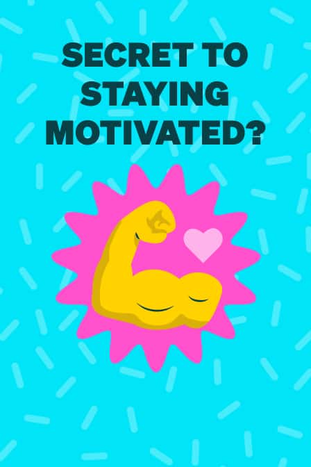 Flexed illustrated arm with heart and text ‘Secret to staying motivated?’ on a blue background.