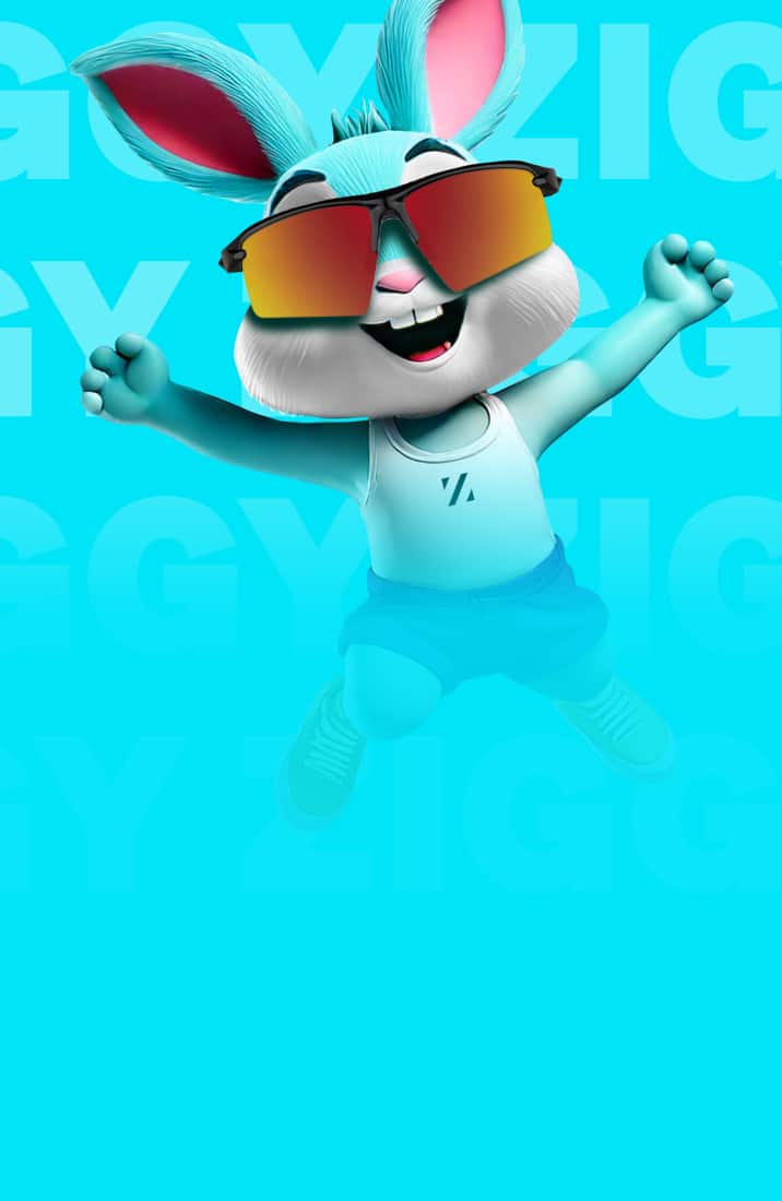 The Zunnies mascot, Ziggy, is wearing mirrored Zunnies sunglasses and smiling with outstretched arms.