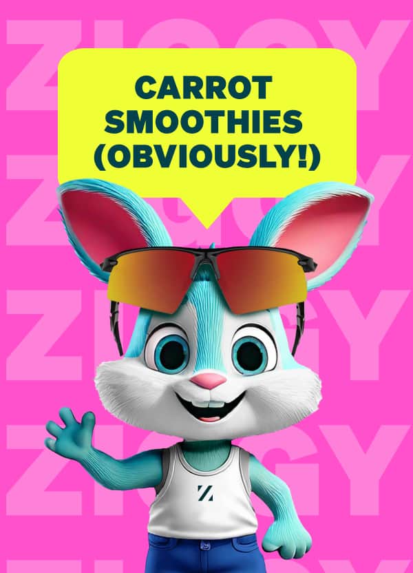 Ziggy wearing Zunnies sunglasses, smiling with a speech bubble that says ‘Carrot smoothies (obviously!)’ on a pink background.