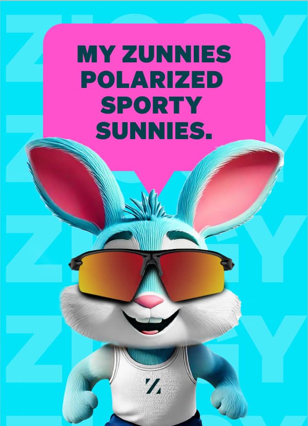 Ziggy smiling in Zunnies sunglasses with a pink speech bubble that reads ‘My Zunnies polarized sporty sunnies’ on a blue background.