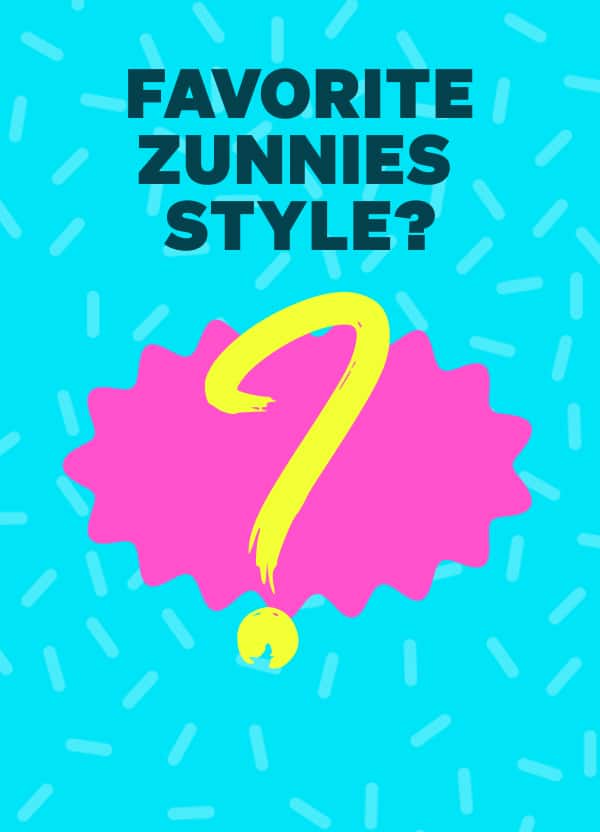 Bright graphic with a large yellow question mark and text ‘Favorite Zunnies style?’ on a blue background.
