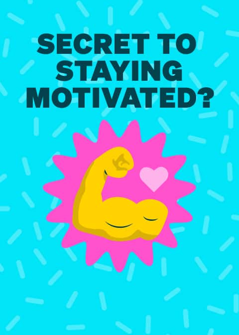 Flexed illustrated arm with heart and text ‘Secret to staying motivated?’ on a blue background.