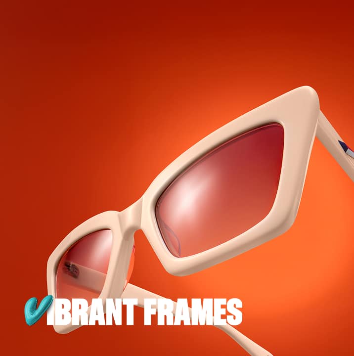 Cream cat-eye sunglasses (style no. 118630) with pink gradient lenses, on an orange background, with the text ‘Vibrant Frames’ with the 'V' stylized like a balloon.