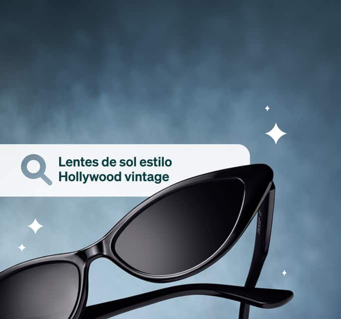 Elegantes lentes de sol de ojo de gato negros flotando sobre un fondo azul pizarra texturizado con destellos ilustrados, junto a un gráfico de barra de búsqueda que dice 'Lentes de sol estilo Hollywood vintage'.