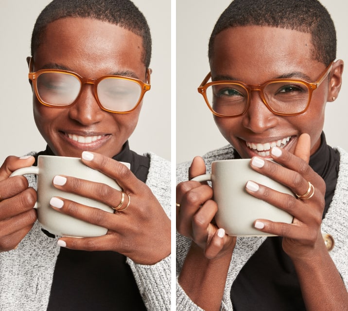 Split image of a woman wearing Zenni glasses, holding a mug. In the top image, her glasses are fogged up, in the bottom image, the lenses are clear.