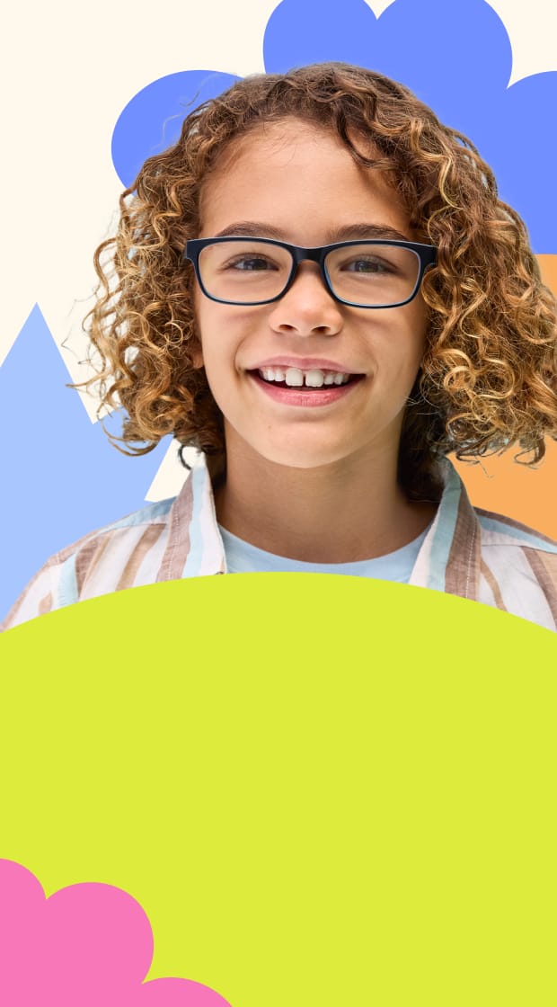 A boy with curly dark brown hair wearing rectangle navy blue kids’ glasses, on a beige background featuring colorful shapes in pink, blue, green, and orange