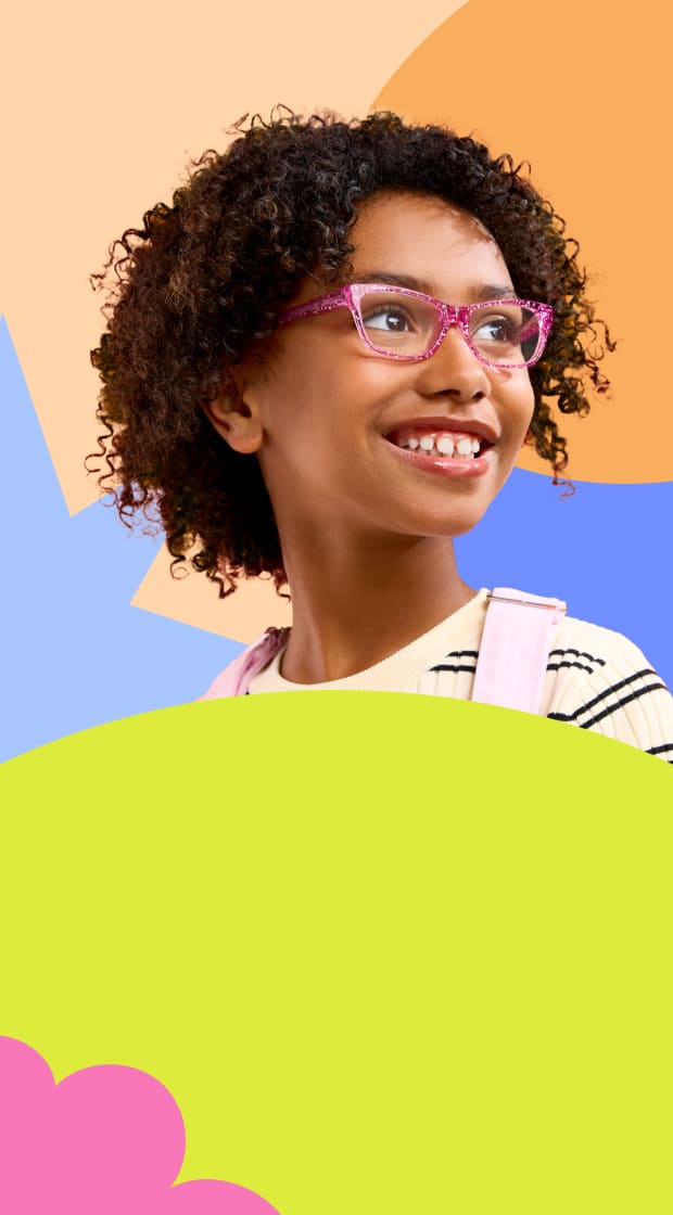 A girl with curly hair wearing pink glittery glasses, on a background featuring colorful shapes in pink, blue, green, and orange.