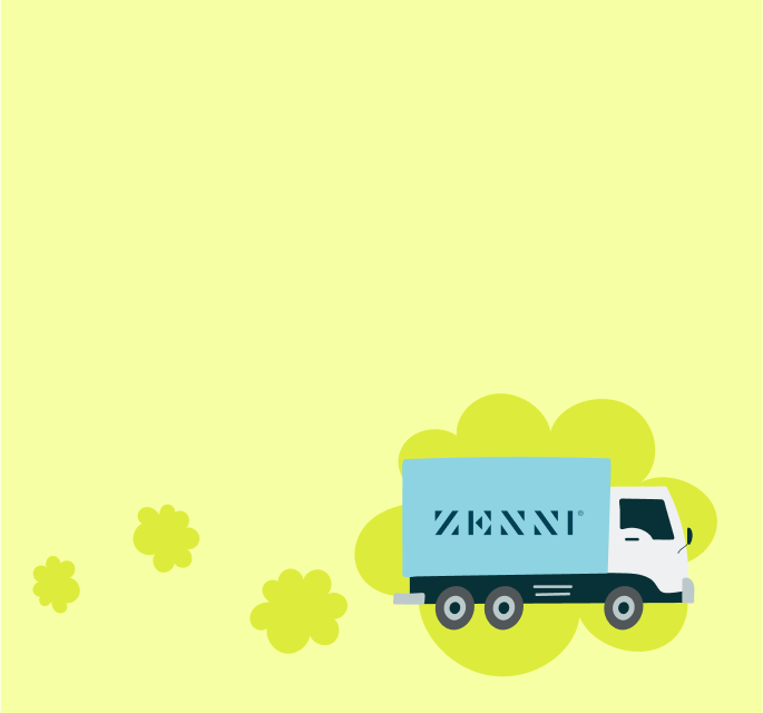 Illustrated image of a Zenni delivery truck on a green background with clouds.