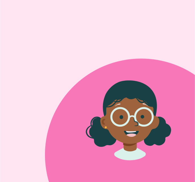 Illustration of a girl with black hair in pigtails with round glasses on a pink background.