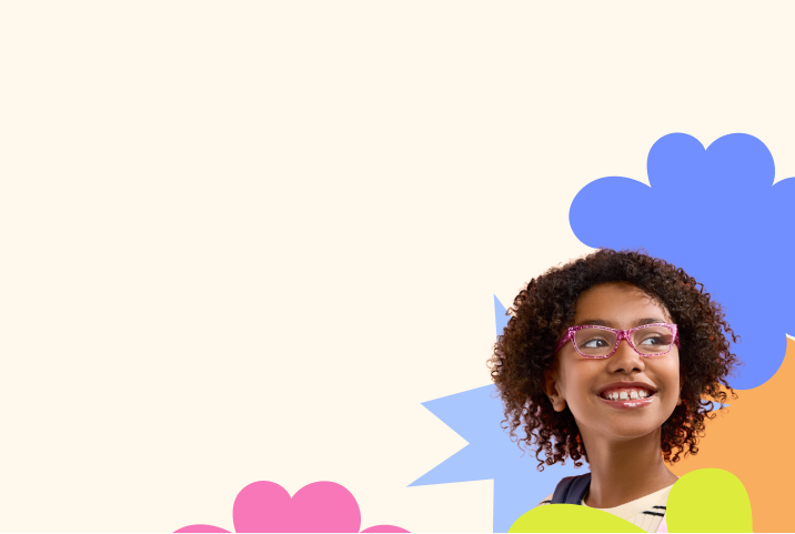 A girl with curly hair wearing pink glittery glasses, on a background featuring colorful shapes in pink, blue, green, and orange.