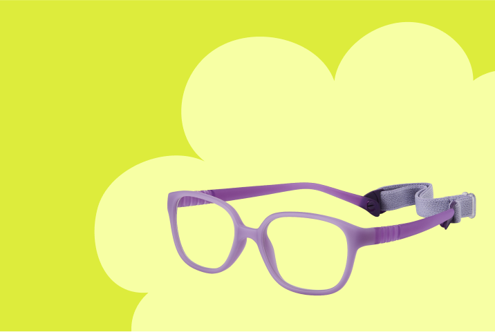 Square purple kids’ glasses with flexible temple arms and a head strap, on a green background featuring a cloud shape.