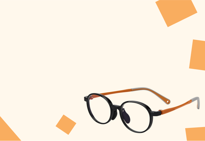 Round black and orange kids’ glasses on a beige background with orange squares.
