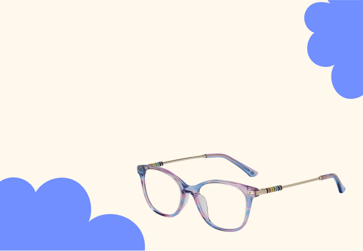 Multicolor blue and purple square kids’ glasses with a colorful detail at the temples, on a beige background with blue cloud shapes.