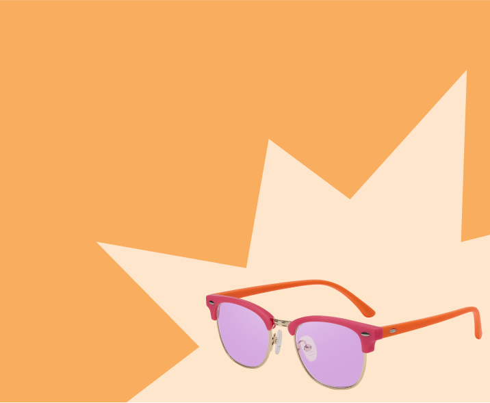 Square black kids’ sunglasses on an orange background featuring a starburst shape.