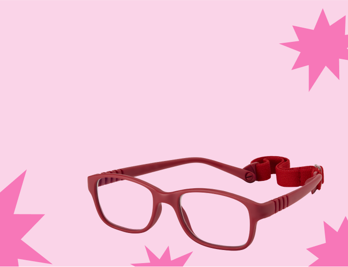 Round black and orange kids’ glasses on a beige background with orange squares.