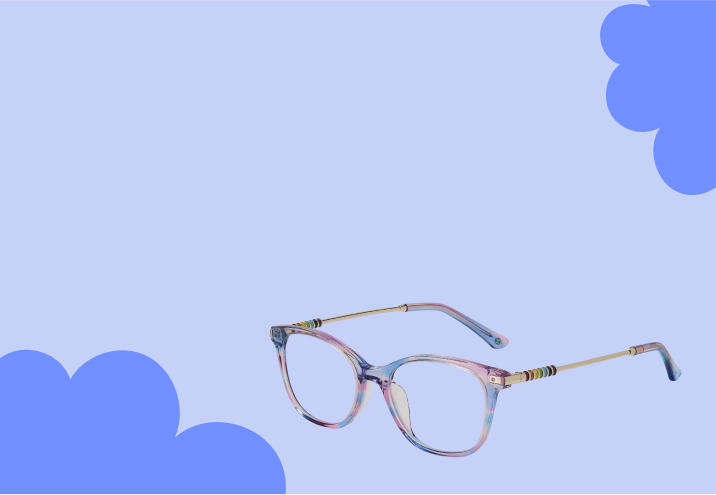 Multicolor blue and purple square kids’ glasses with a colorful detail at the temples, on a beige background with blue cloud shapes.