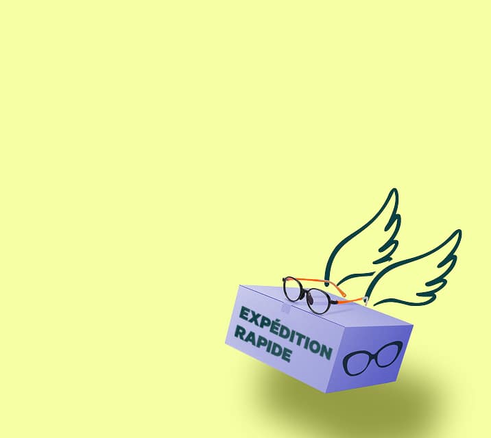 Une boîte d’expédition violette étiquetée « Rush Shipping » avec des illustrations d’ailes et une paire de lunettes rondes sur le dessus, posée sur un fond jaune vif.