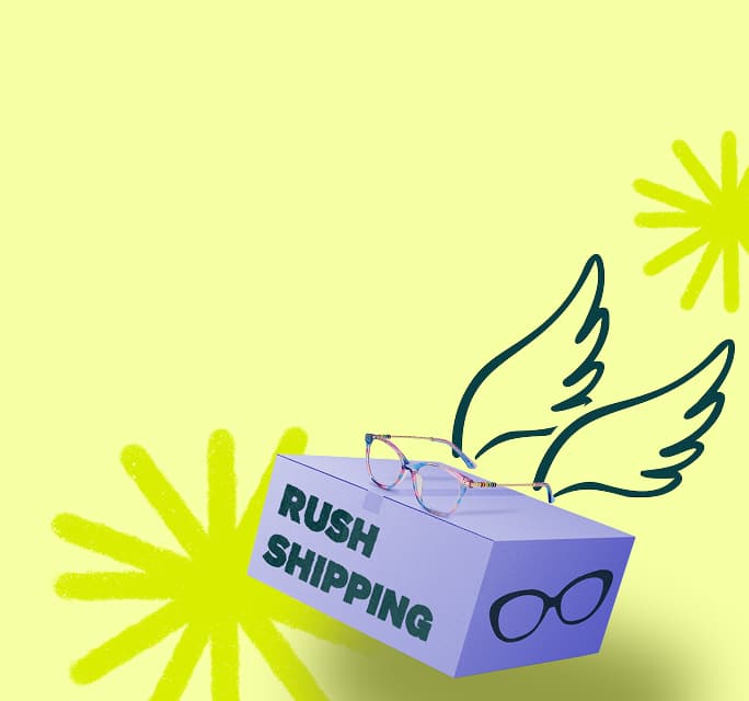 Graphic illustration featuring a pair of colorful, multi-patterned eyeglasses resting on a light purple shipping box labeled 'RUSH SHIPPING', embellished with a pair of drawn wings against a pale yellow background.